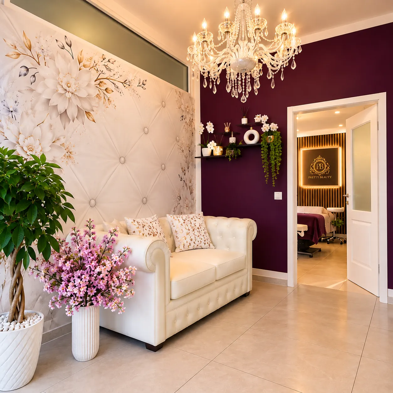 Lounge mit weißem Sofa und Kronleuchter im Kosmetikstudio Pretty Beauty Augsburg
