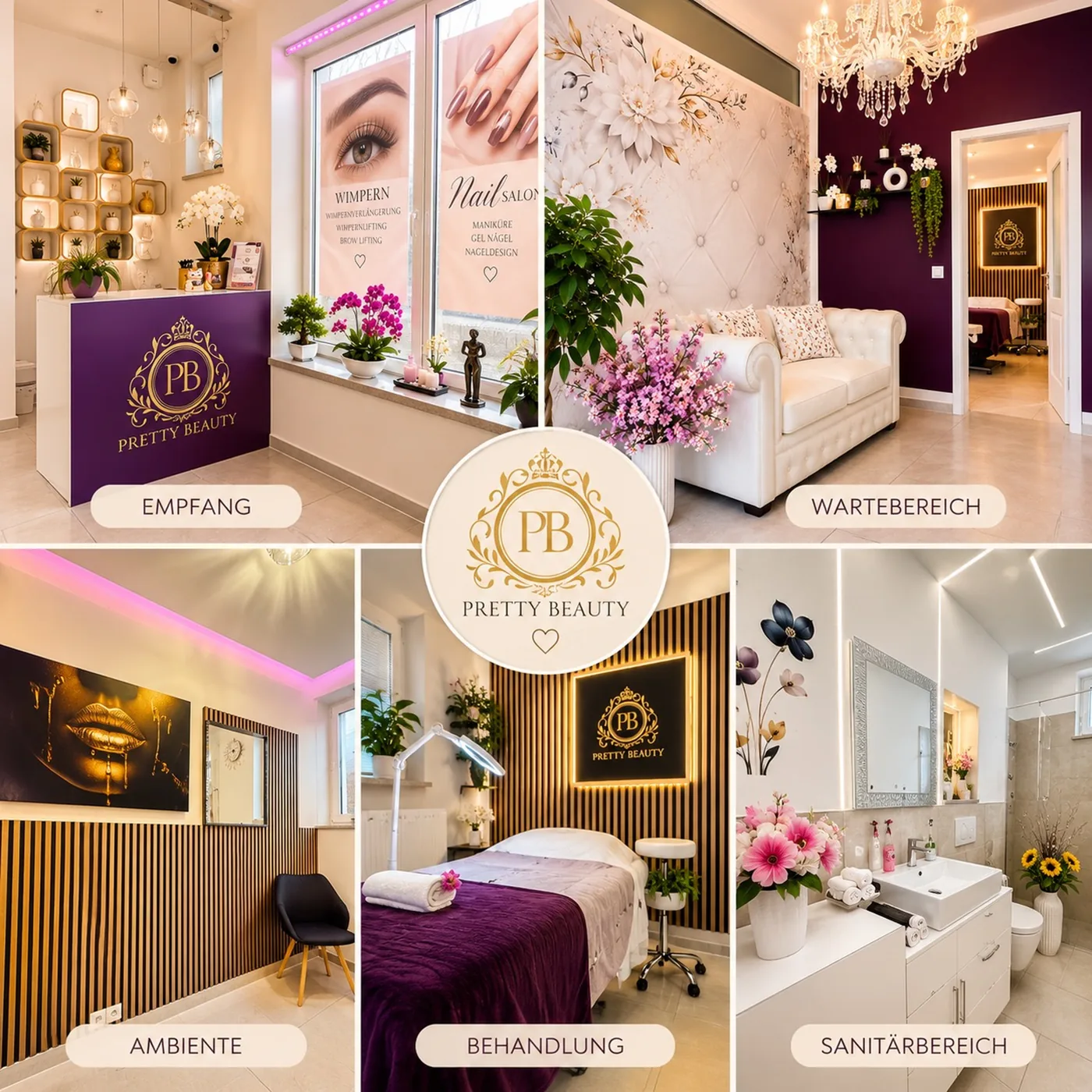 Studio-Übersicht Pretty Beauty Augsburg: Empfang, Wartebereich, Ambiente, Behandlungsraum und Sanitärbereich