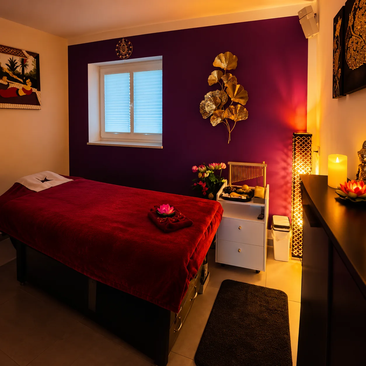 Thai-Massage in Augsburg – Massageraum mit Kerzenlicht und Lotusblüte