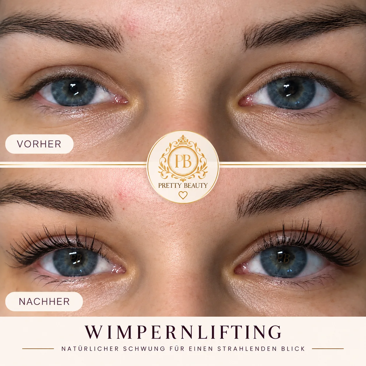 Wimpernlifting vorher und nachher – natürlicher Schwung, Ergebnis bei Pretty Beauty Augsburg